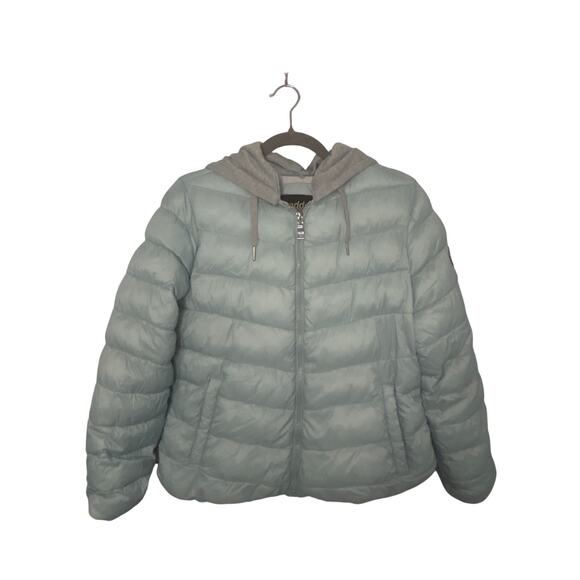 Steve 
Madden Women’s Puffer Jacket Sage Green Knit Gray Hood Pockets Large - Picture 1 of 12